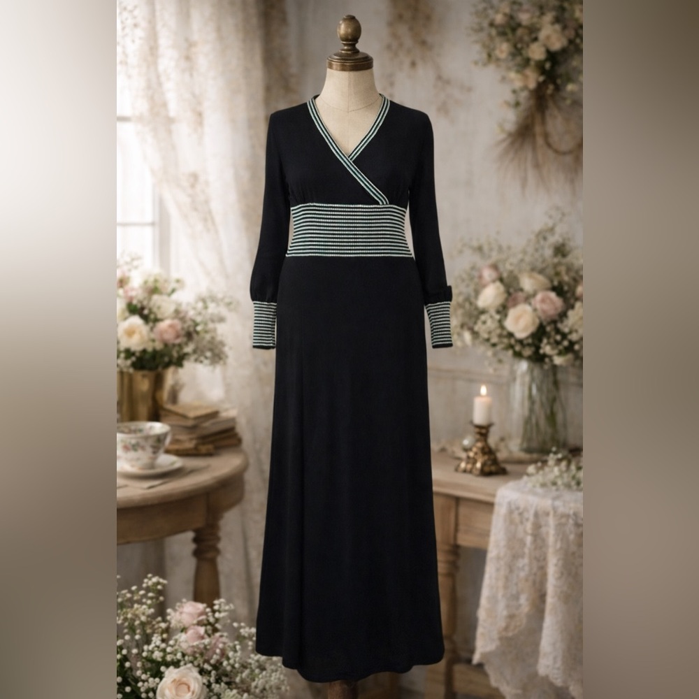 Vintage 1970s Wool Striped Knit Black, Blue, & Silver Maxi Dress